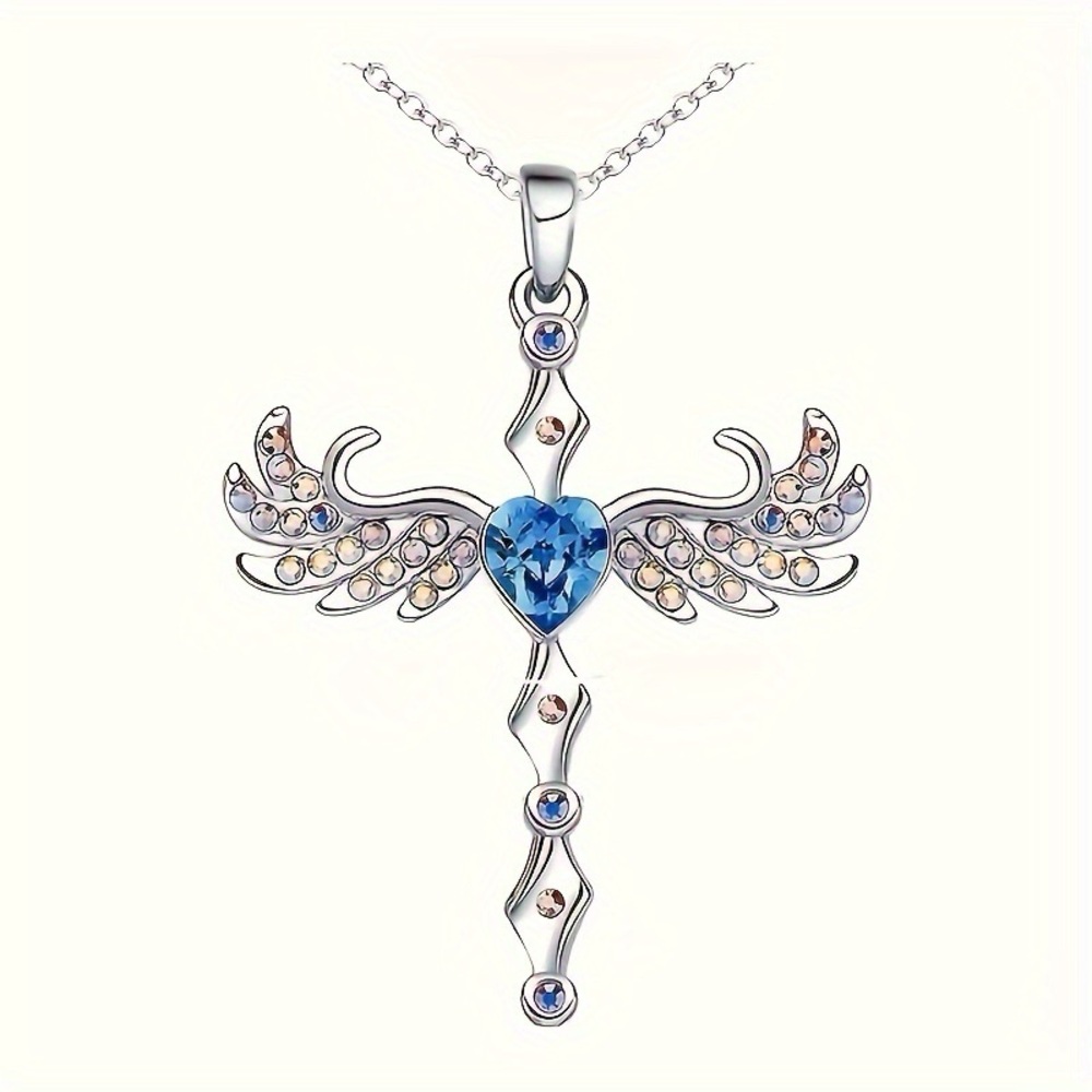 Silver and Blue Heart Winged Cross Necklace